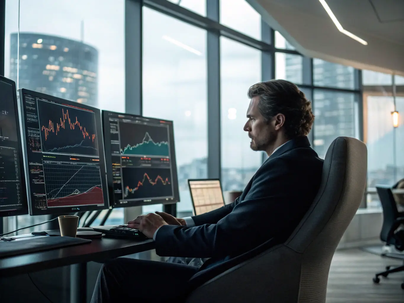 An image of a financial advisor in a modern office setting, analyzing market data on a large screen with the Mexican flag subtly displayed in the background.