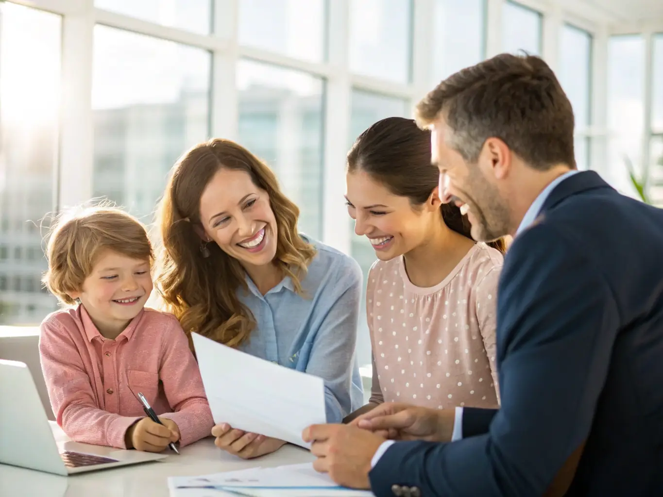 An image of a happy family reviewing financial documents with a consultant in a modern office, representing wealth management.