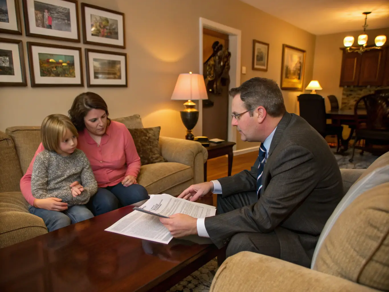 An image of a Mexican family happily gathered around a table, reviewing financial documents with a trusted advisor in a comfortable setting.
