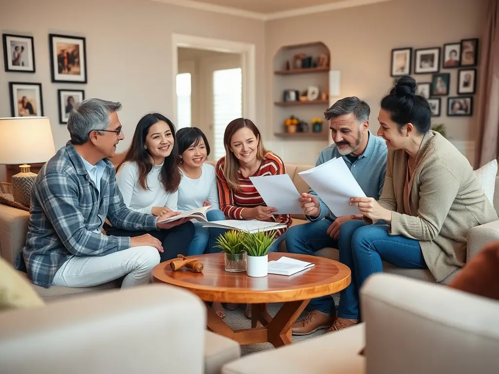 An image showing a family discussing financial plans with a consultant in a modern Mexican home, representing wealth management.