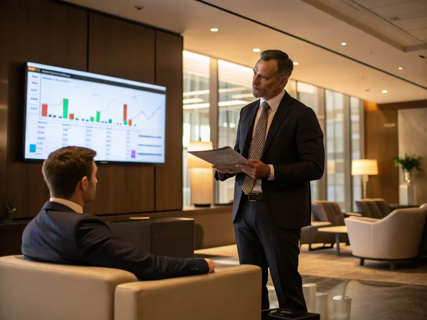 An image of a financial advisor presenting a financial plan to a client in a modern office setting in Mexico, illustrating financial planning.
